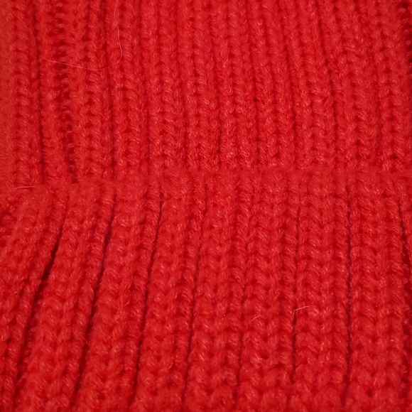 Red knit hat with single tan pom - Picture 2 of 6